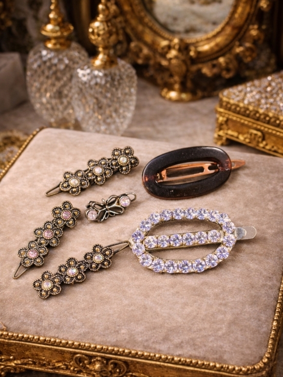 Vintage Accessories - Vintage 80s Set of Decorative Hair Clips - Gold, Rose Gold & Crystal Accents